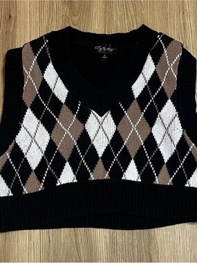 Say What? Argyle Knit Vest - Black, White & Brown Size Small